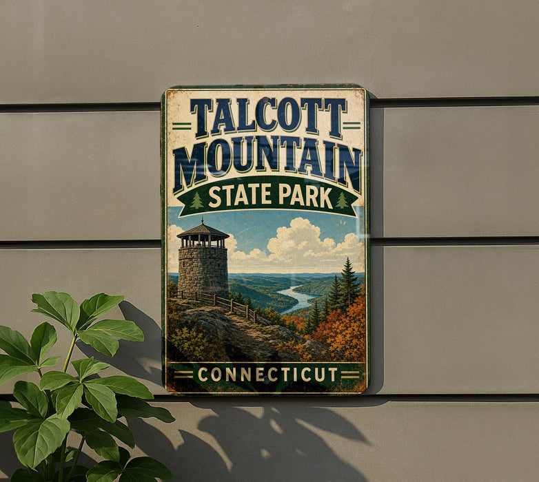 A vintage metal sign for Talcott Mountain State Park in Connecticut, featuring a scenic image of the park and a tower overlooking the landscape.