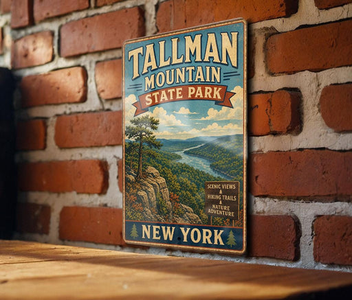 A vintage metal sign for Tallman Mountain State Park in New York, featuring a scenic mountain landscape and text indicating the park's offerings.