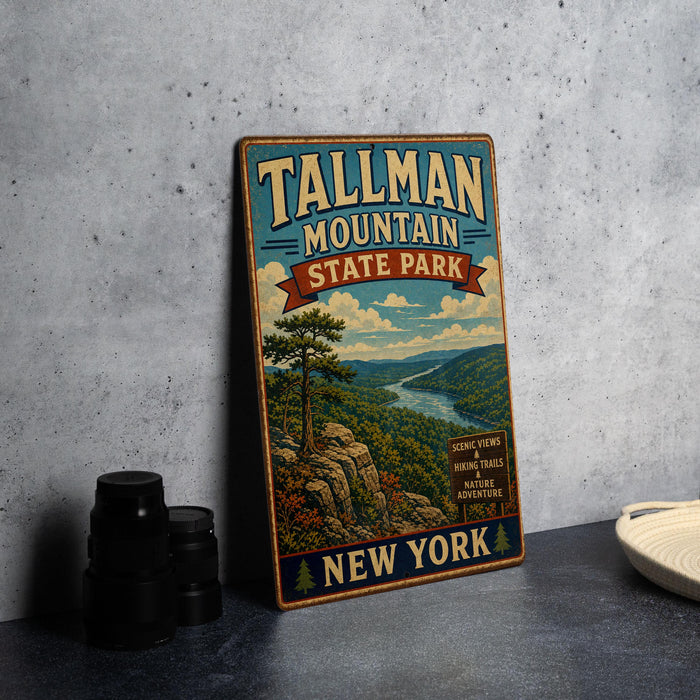 A vintage metal sign for Tallman Mountain State Park in New York, featuring a scenic landscape with a river and mountains.