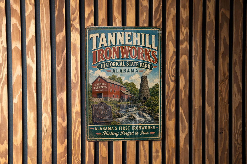A vintage-style metal sign for Tannehill Ironworks Historic State Park in Alabama, featuring an illustration of a historic ironworks building and a waterfall.