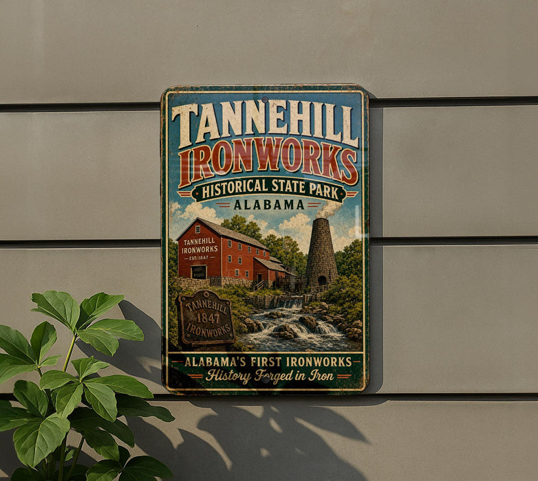 A vintage metal sign for Tannehill Ironworks, a historical state park in Alabama, featuring a red barn and a watermill.
