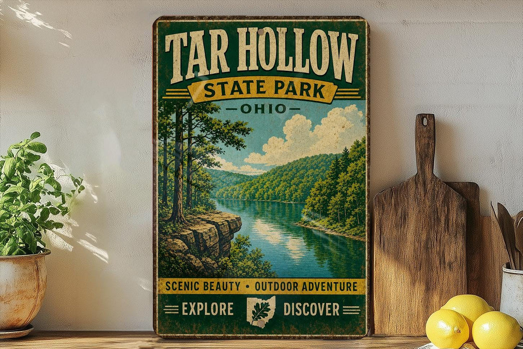A vintage-style sign for Tar Hollow State Park, featuring a scenic landscape with a river and forest, is displayed on a wooden shelf next to a wooden cutting board and some lemons.