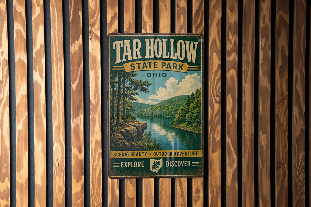 A vintage-style metal sign for Tar Hollow State Park in Ohio, featuring a scenic landscape with a river and forest.