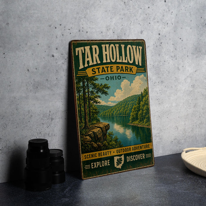 A vintage-style sign for Tar Hollow State Park in Ohio, featuring a scenic landscape with a river and forest.