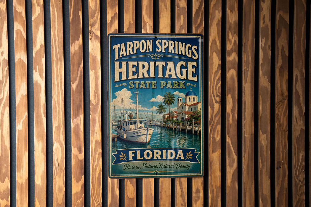 A vintage-style metal sign for Tarpon Springs Heritage State Park in Florida, featuring a boat and a coastal scene.
