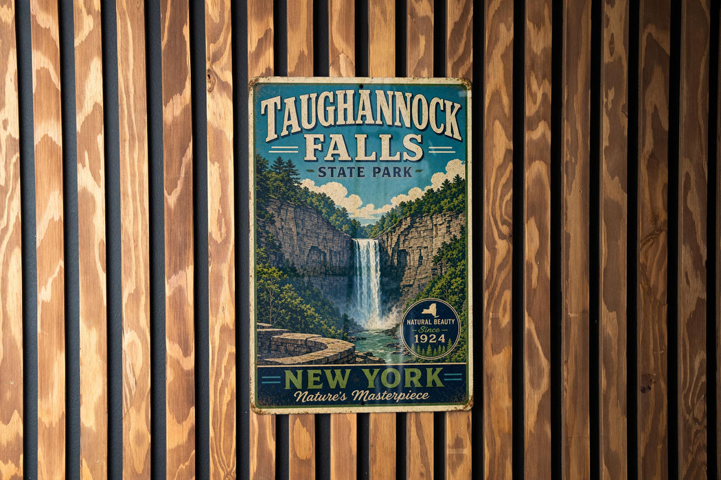 A vintage-style sign for Taughannock Falls State Park, featuring a waterfall and a scenic landscape, is displayed on a wooden wall.