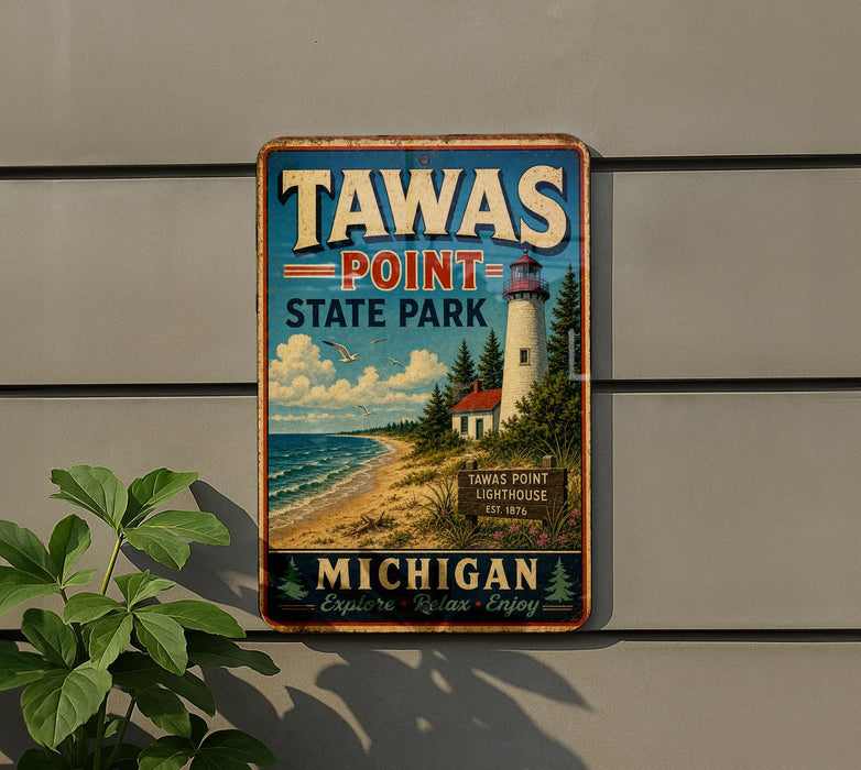 A vintage metal sign for Tawas Point State Park, featuring a lighthouse and a beach scene, is displayed on a wall.