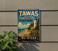 A vintage metal sign for Tawas Point State Park, featuring a lighthouse and a beach scene, is displayed on a wall.