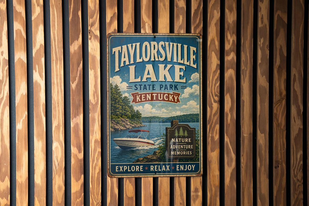 A vintage metal sign for Taylorville Lake State Park in Kentucky, featuring a scenic image of a lake with a boat and surrounded by trees.