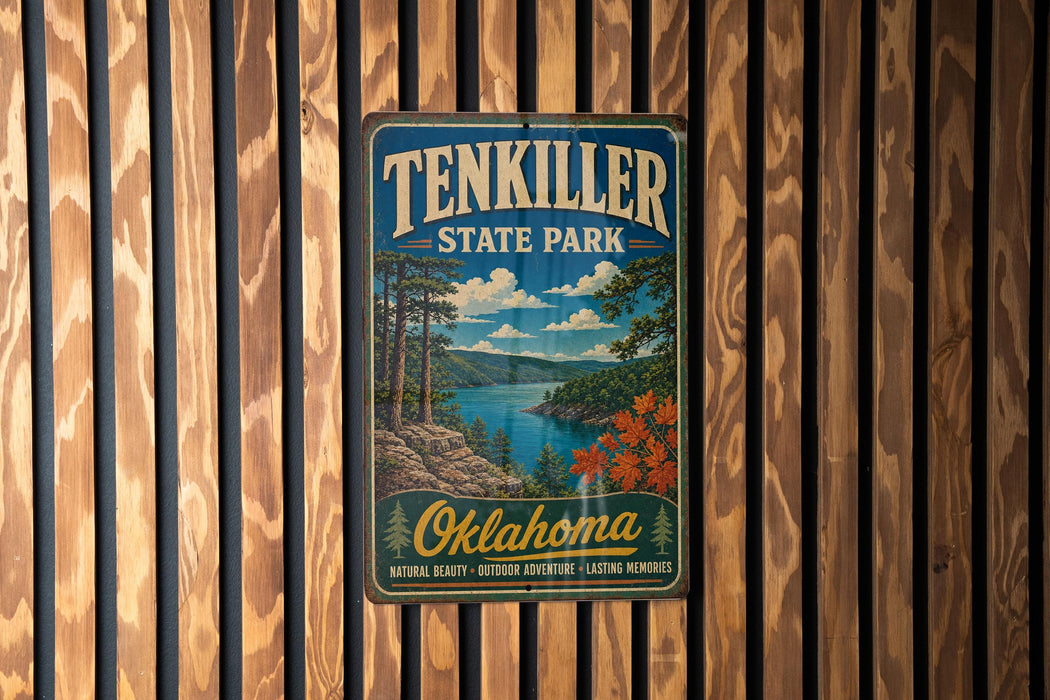 A vintage-style metal sign for Ten Killer State Park in Oklahoma, featuring a scenic landscape with a lake, mountains, and autumn foliage.