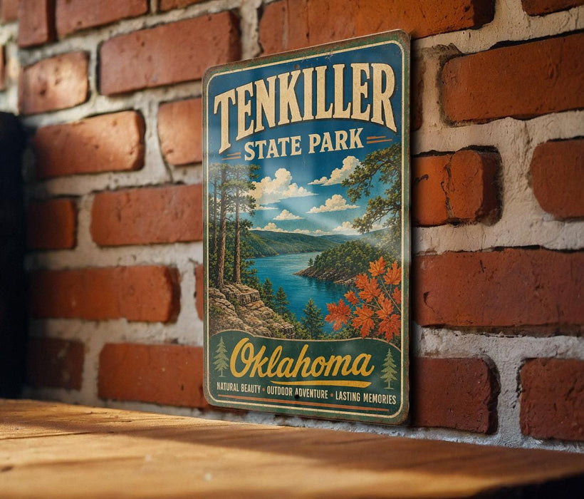 A vintage-style sign for Ten Killer State Park in Oklahoma, featuring a scenic landscape with a lake, mountains, and autumn foliage.