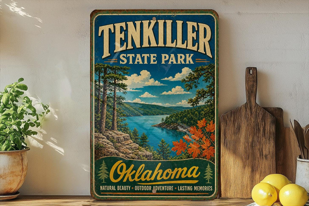 A vintage-style sign for Ten Killer State Park in Oklahoma, featuring a scenic landscape with a lake, mountains, and trees.