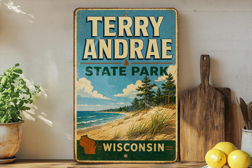 A vintage-style sign for Terry Andrea State Park in Wisconsin, featuring a scenic beach landscape with pine trees and a lake.