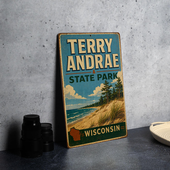 A vintage-style sign for Terry Andrea State Park in Wisconsin, featuring a beach scene with pine trees and a lake.