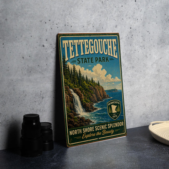 A vintage-style metal sign for Tettegouche State Park, featuring a scenic illustration of a waterfall and a lake surrounded by pine trees.