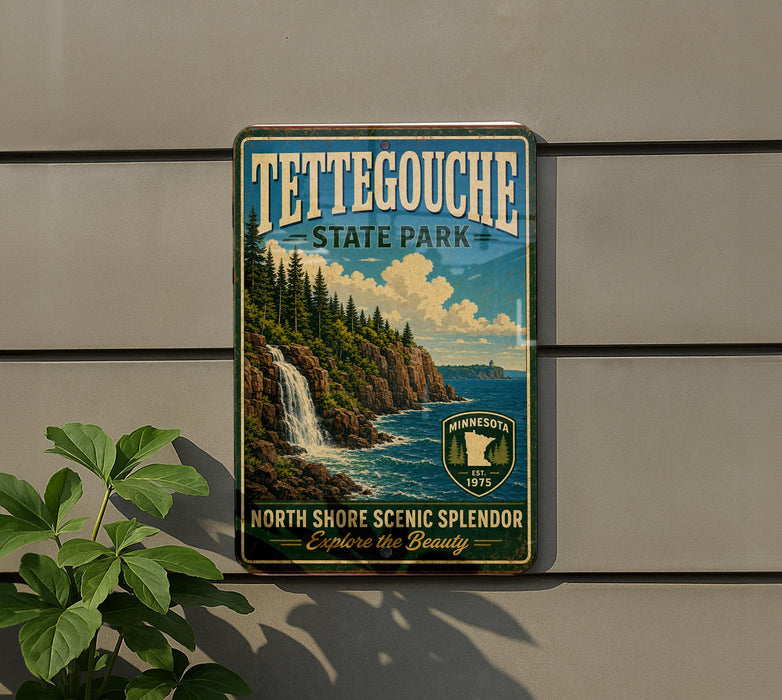 A vintage-style metal sign for Tettegouche State Park, featuring a scenic image of a waterfall and pine trees.