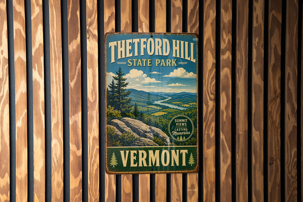A vintage metal sign for Theftord Hill State Park in Vermont, featuring a scenic landscape with mountains, trees, and a river.