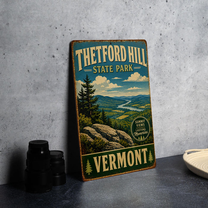 A vintage-style metal sign for Theftord Hill State Park in Vermont, featuring a scenic landscape with mountains, pine trees, and a river.