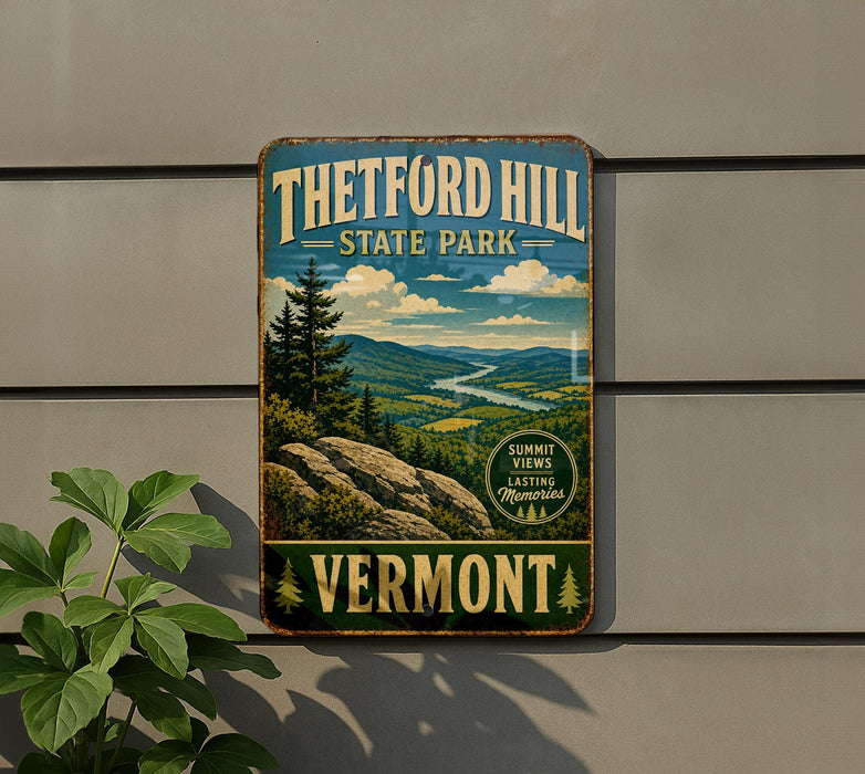 A vintage-style metal sign for Theftord Hill State Park in Vermont, featuring a scenic landscape with pine trees, mountains, and a winding river.
