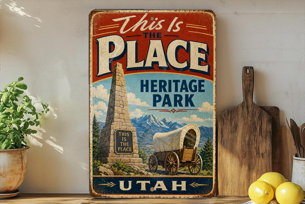 a vintage-style sign that reads "This is the Place Heritage Park Utah" with a wagon and a monument in the background.