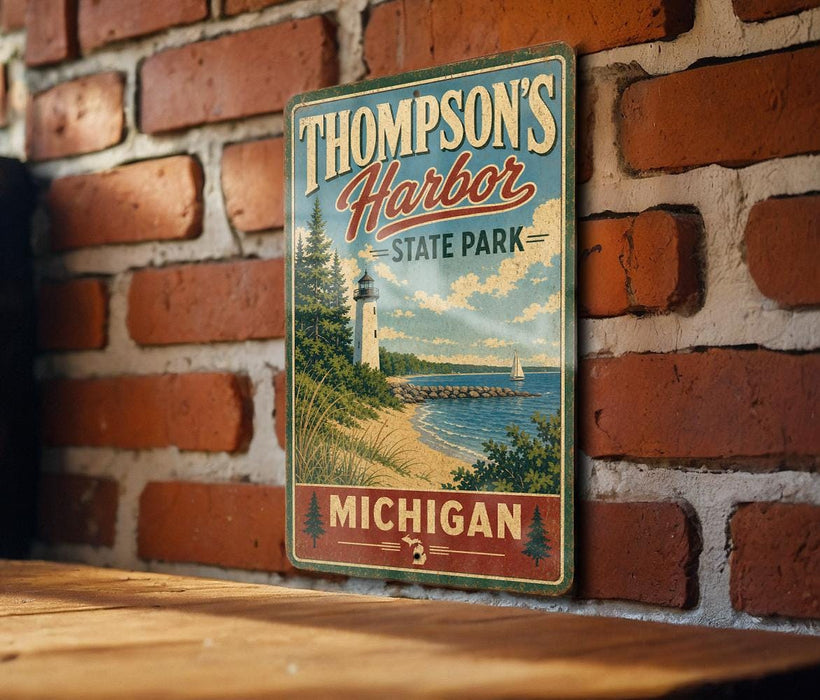 A vintage-style metal sign for "Thomson's Harbor State Park" in Michigan, featuring a lighthouse and a scenic coastal landscape.