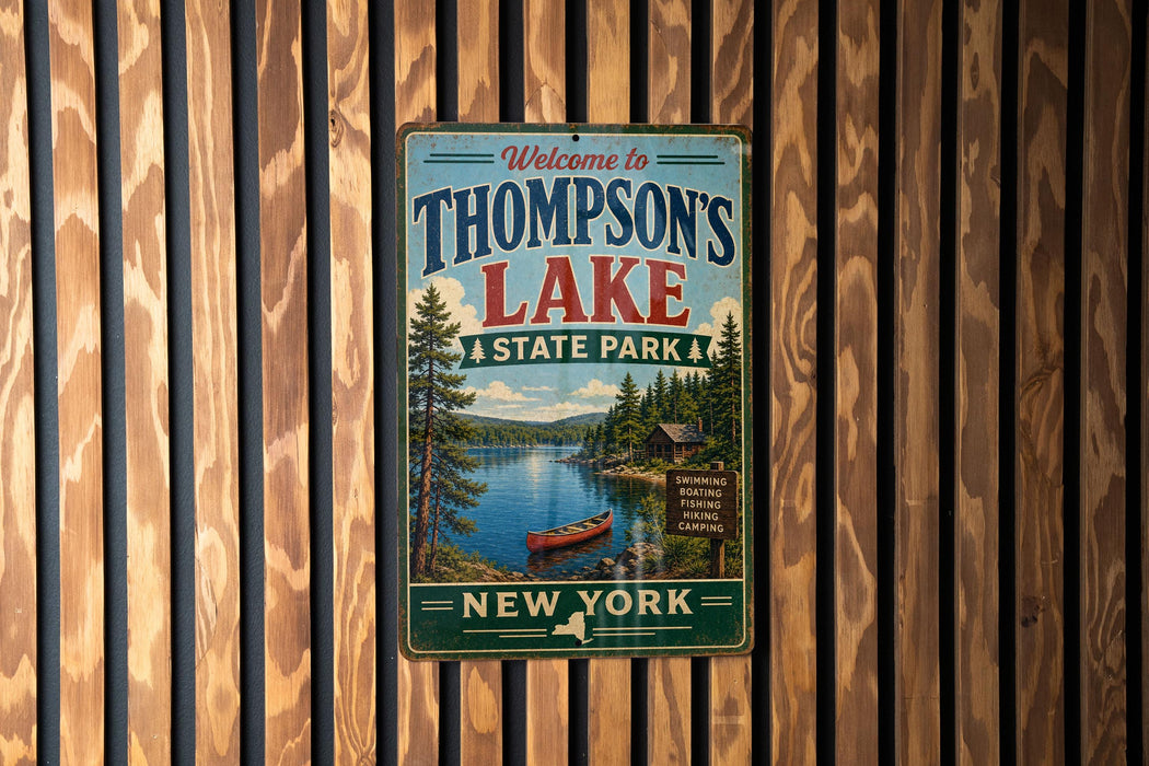 A vintage metal sign welcoming visitors to Thompson's Lake State Park in New York.