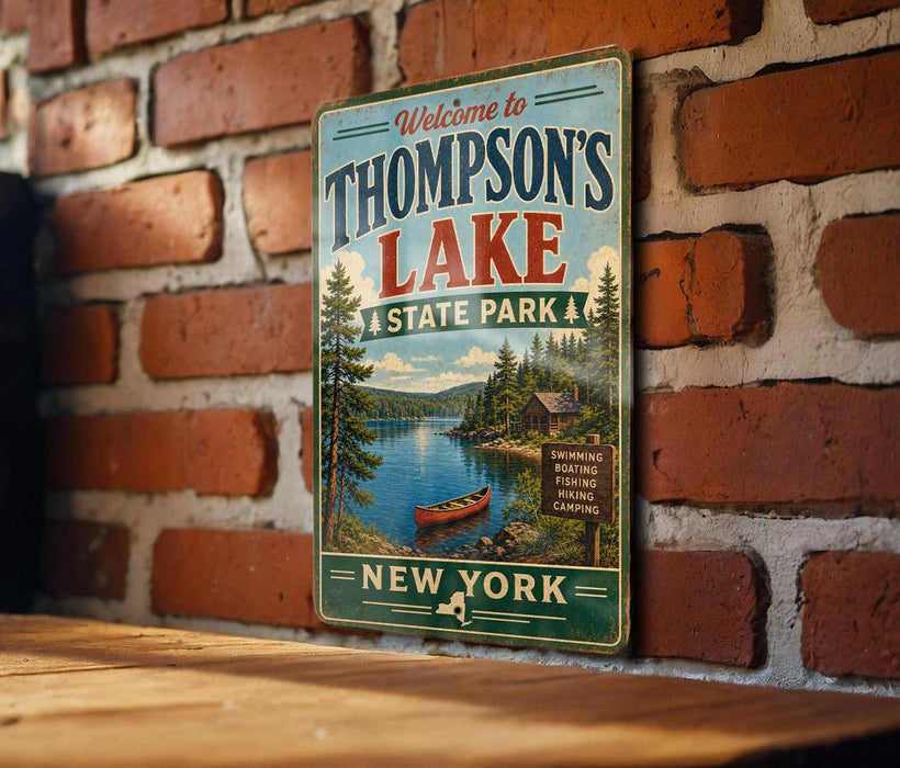A vintage metal sign welcoming visitors to Thompson's Lake State Park in New York.