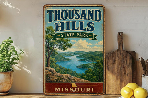 A vintage-style sign for Thousand Hills State Park in Missouri, featuring a scenic landscape with a lake and mountains.