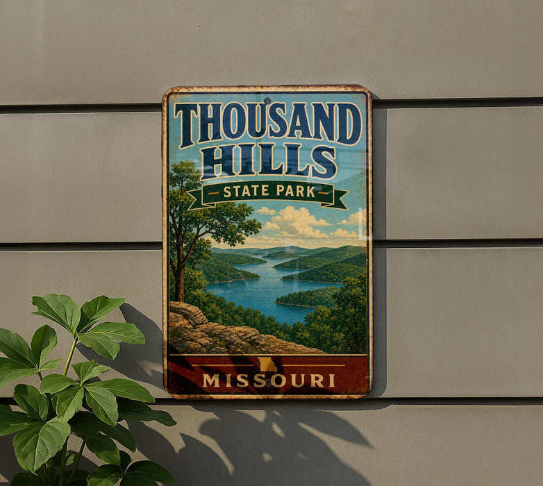 A vintage-style sign for Thousand Hills State Park in Missouri, featuring a scenic landscape with a lake and mountains.