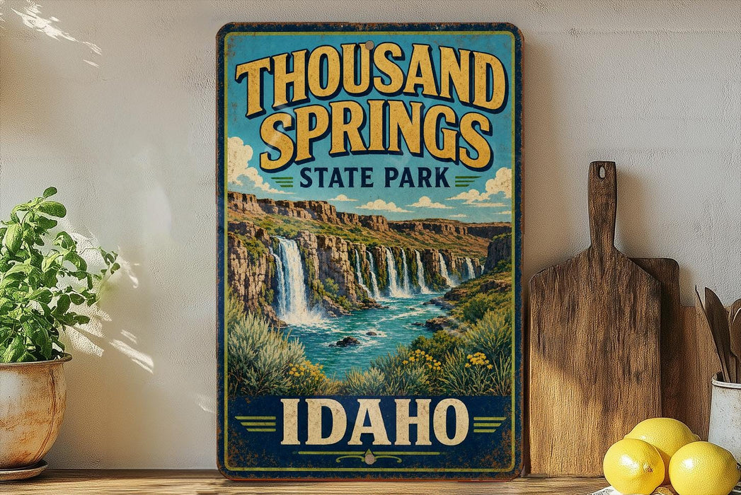 A vintage-style sign for Thousand Springs State Park in Idaho, featuring a scenic illustration of a waterfall surrounded by lush greenery.