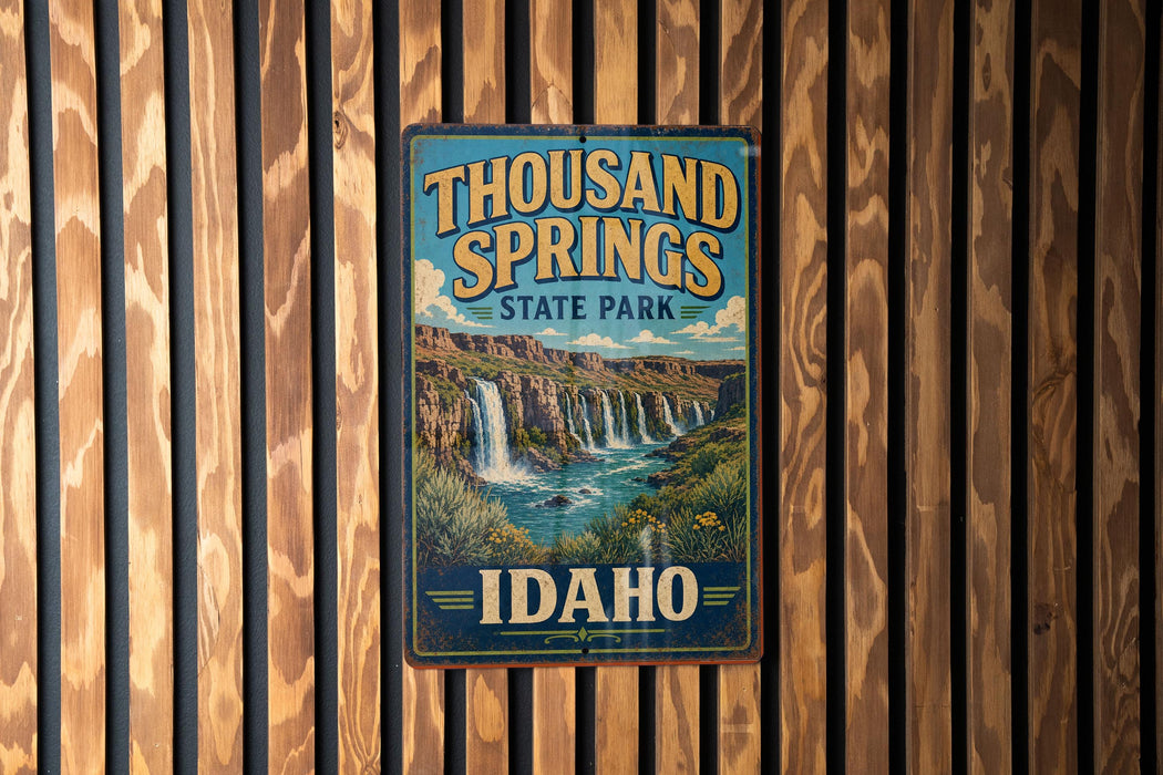 A vintage-style sign for Thousand Springs State Park in Idaho, featuring a scenic illustration of a waterfall and lush vegetation.