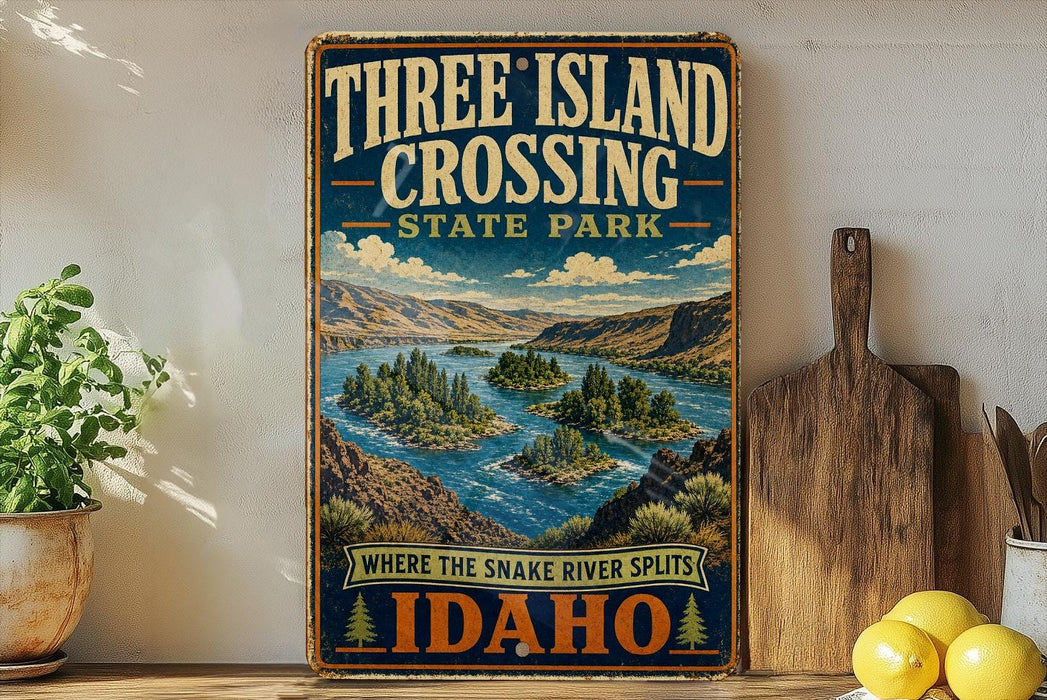 A vintage-style sign for Three Island Crossing State Park in Idaho, featuring a scenic illustration of the Snake River and the surrounding landscape.
