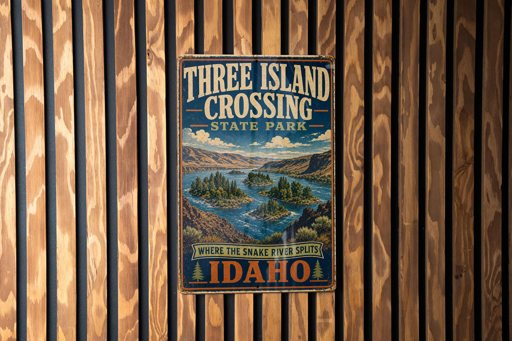 A vintage metal sign for Three Island Crossing State Park in Idaho, featuring a scenic illustration of the park's natural landscape.