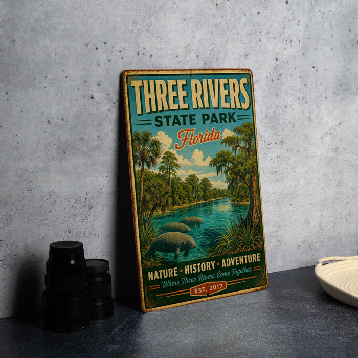 A vintage-style sign for Three Rivers State Park in Florida, featuring a scenic illustration of the park's natural surroundings.