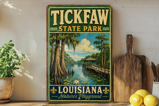 A vintage-style sign for Tick Faw State Park in Louisiana, featuring a scenic illustration of a bayou landscape with a wooden walkway and a bridge.