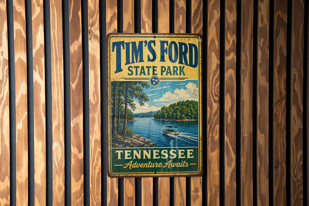 A vintage metal sign for Tim's Ford State Park in Tennessee, featuring a scenic image of a lake and a boat, mounted on a wooden wall.