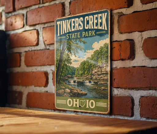 A vintage-style sign for Tinkers Creek State Park in Ohio, featuring a scenic landscape with a river and waterfall.