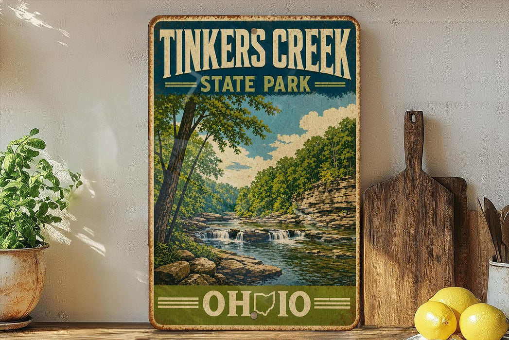A vintage-style sign for Tinkers Creek State Park in Ohio, featuring a scenic landscape with a river, trees, and a waterfall.