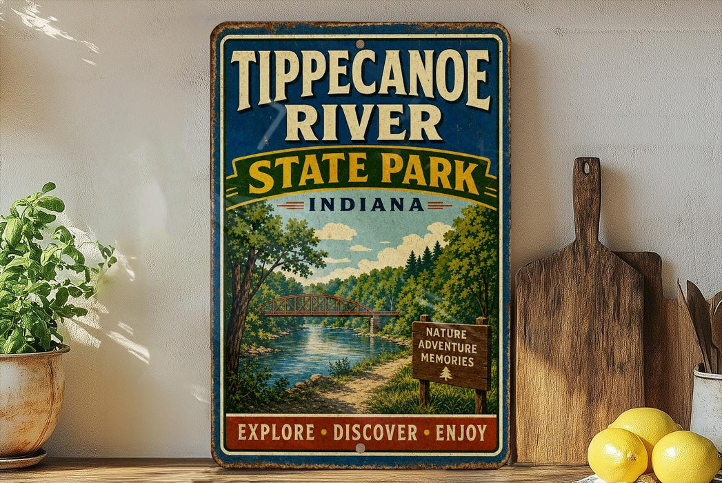 A vintage-style sign for Tippecanoe River State Park in Indiana, featuring a scenic illustration of the river and surrounding landscape.