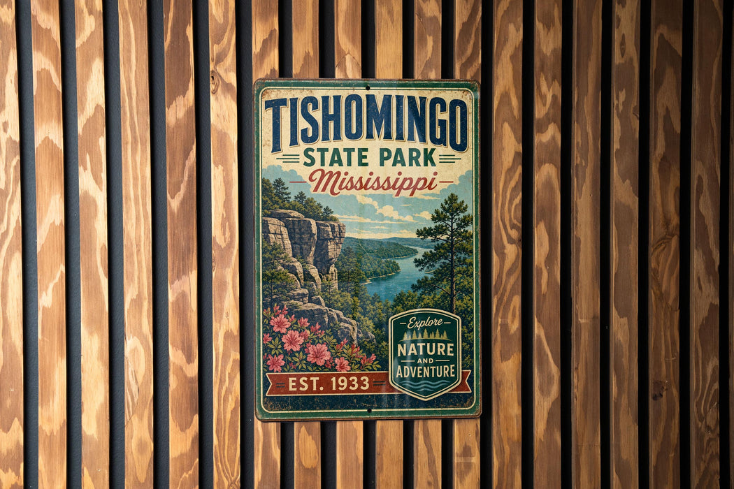 A vintage-style metal sign for Tishomingo State Park in Mississippi, featuring a scenic landscape with mountains, trees, and a river.
