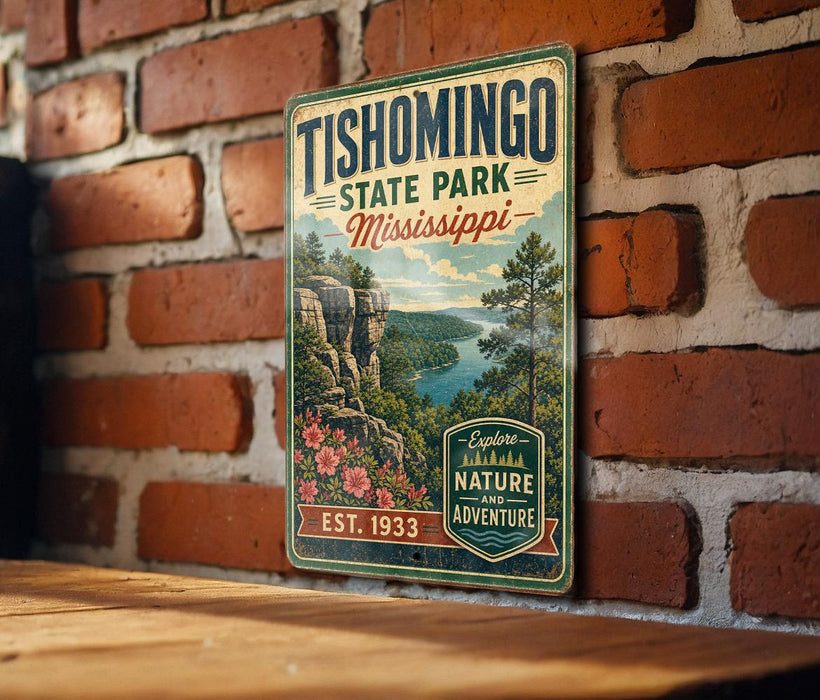 A vintage-style metal sign for Tishomingo State Park in Mississippi, featuring a scenic landscape with a river, mountains, and pine trees.