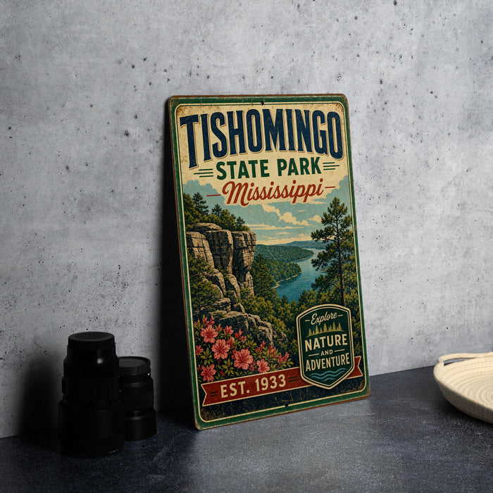 A vintage-style metal sign for Tishomingo State Park in Mississippi, featuring a scenic landscape with a river and mountains.