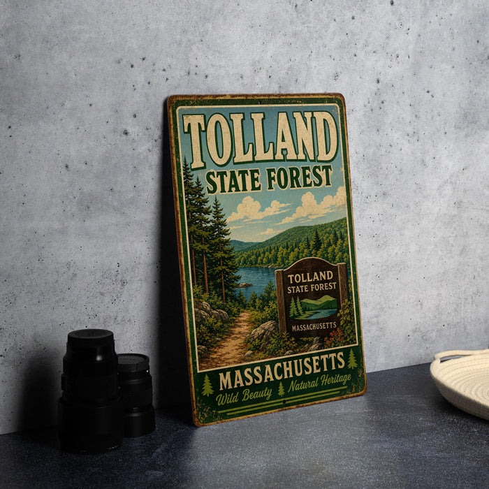 A vintage metal sign for Tolland State Forest in Massachusetts, featuring a scenic illustration of the forest and a path leading to a lake.
