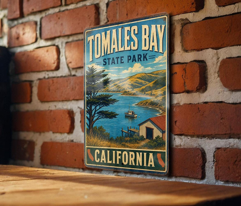 A vintage-style metal sign for Tomales Bay State Park in California, featuring a scenic landscape with a lake, mountains, and a small boat.