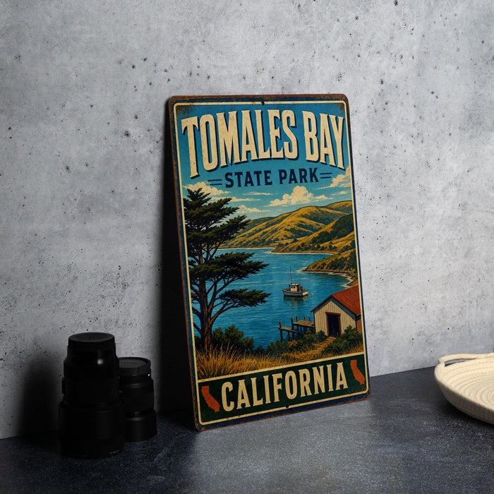 A vintage-style metal sign for Tomales Bay State Park in California, featuring a scenic landscape with a lake, mountains, and a small boat.