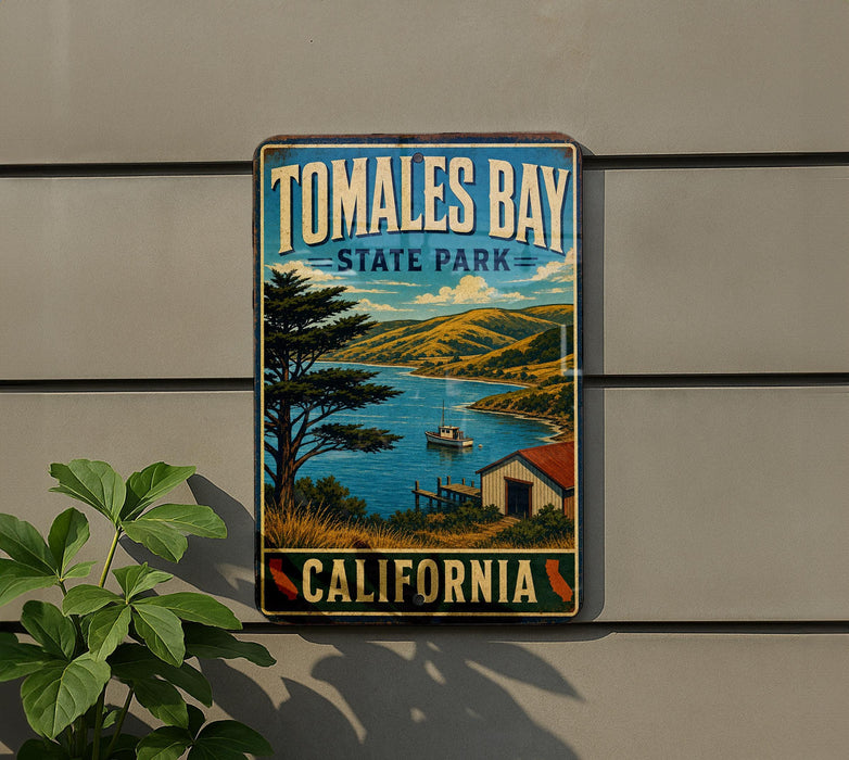 A vintage-style metal sign for Tomales Bay State Park in California, featuring a scenic landscape with a lake, mountains, and a small boat.