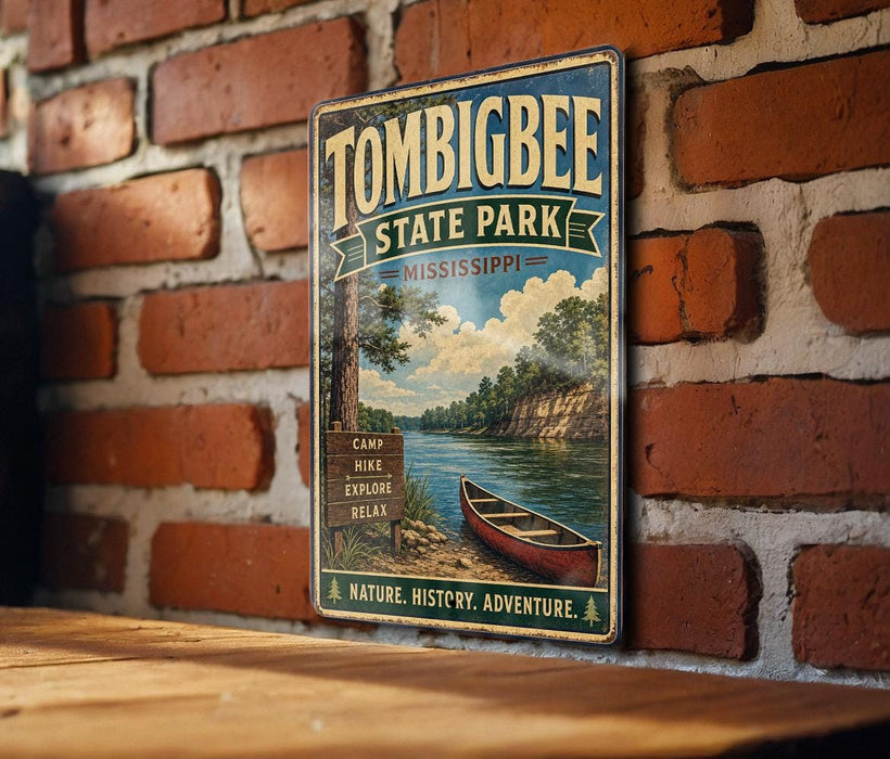 A vintage-style metal sign for Tombbee State Park in Mississippi, featuring a scenic image of a river and a canoe, mounted on a brick wall.