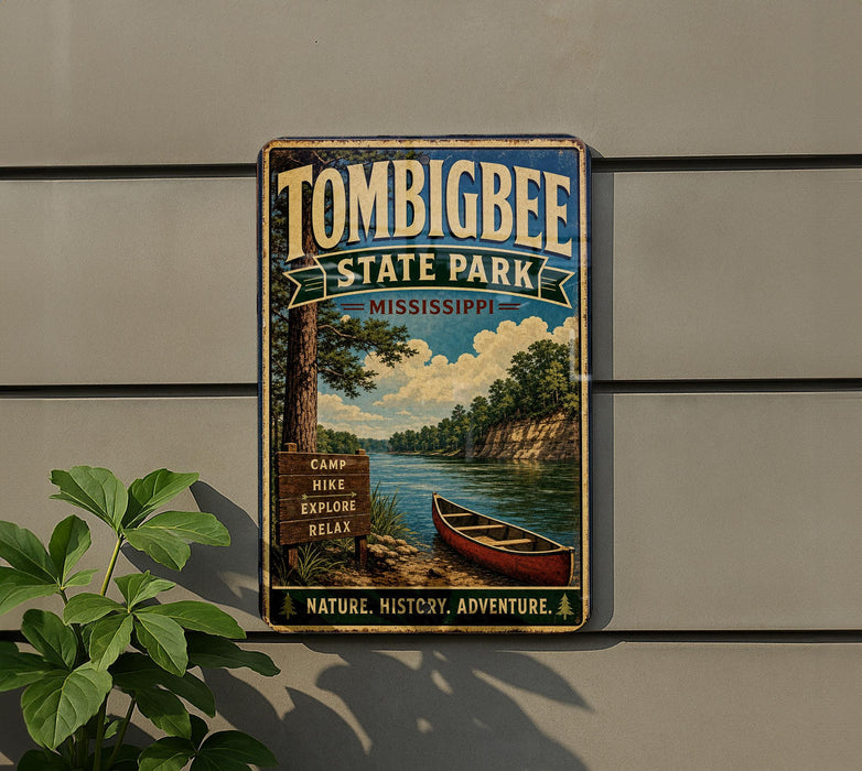 A vintage-style metal sign for Tombbee State Park in Mississippi, featuring a scenic image of a river, a canoe, and a forest.