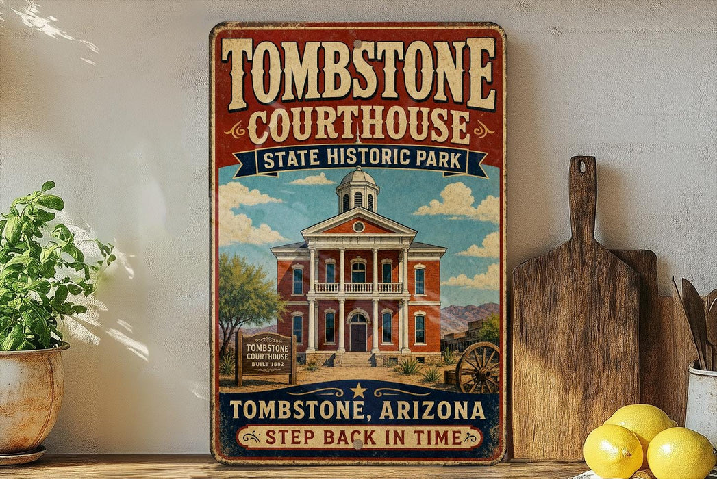 a vintage-style sign for Tombstone Courthouse, a historic park in Arizona, with a picture of the building and a sign that says "Step back in time".