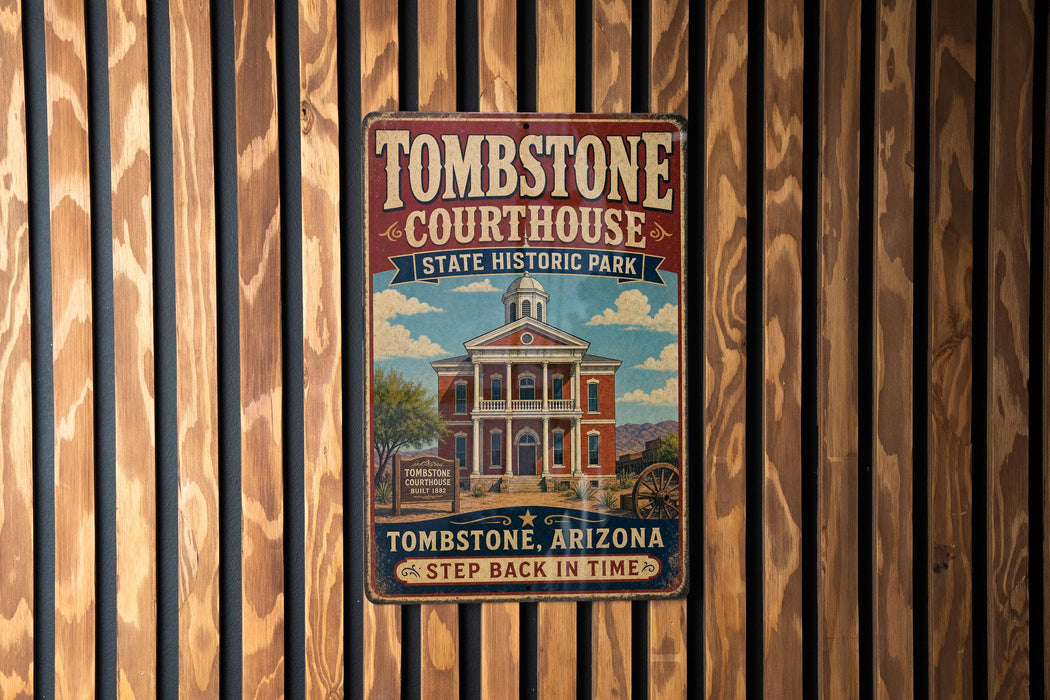 A vintage-style metal sign for Tombstone Courthouse, a historic park in Arizona, with a wooden fence in the background.